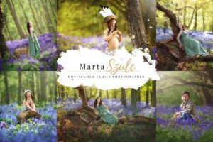 A collection of heartfelt moments from Marta Szulc's bluebell photoshoots in Nottingham, featuring joyful families and serene natural beauty.