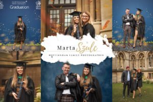 A collage of Nottingham graduation photos featuring a graduate in academic regalia, family portraits, and joyful celebrations.