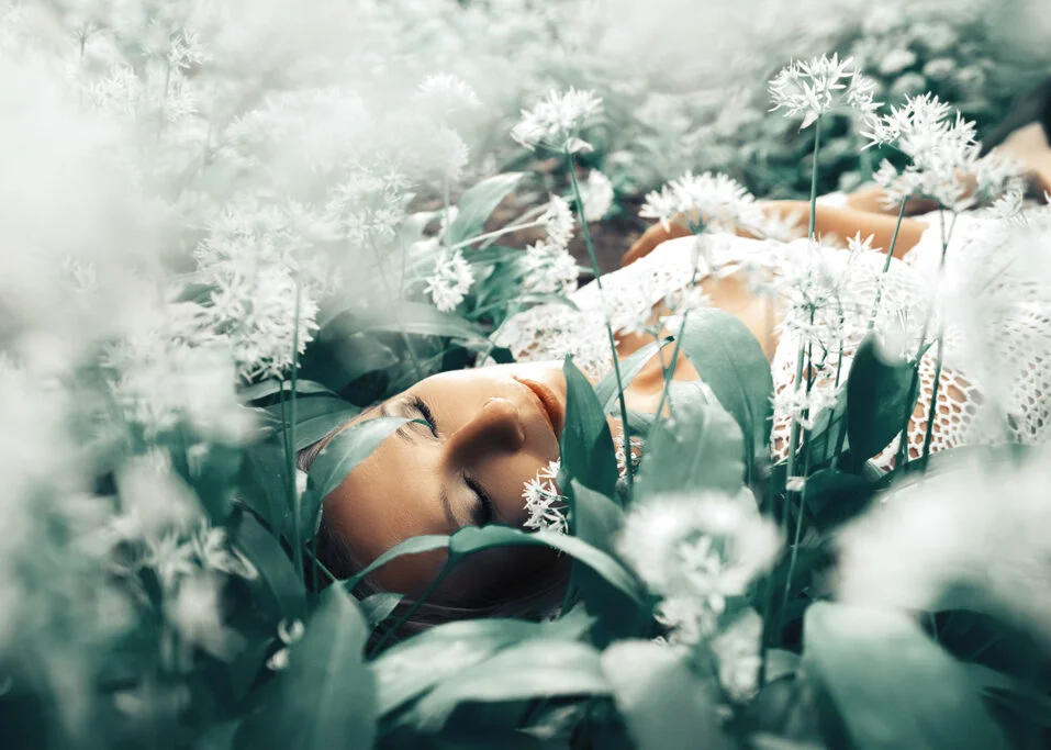 Woman beauty Fashion on Location Outdoor Photoshoot in Wild Garlic Forest in Nottingham