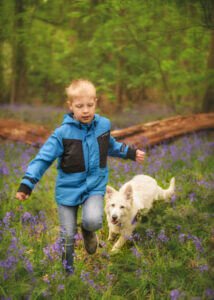 Portrait of a boy surrounded by bluebell flowers during a family and kids photo shoot in Nottingham's enchanting bluebell woods.