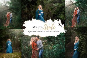 Outdoor maternity photoshoot in Nottingham featuring expectant mother in blue gown and couple embracing in a forest setting