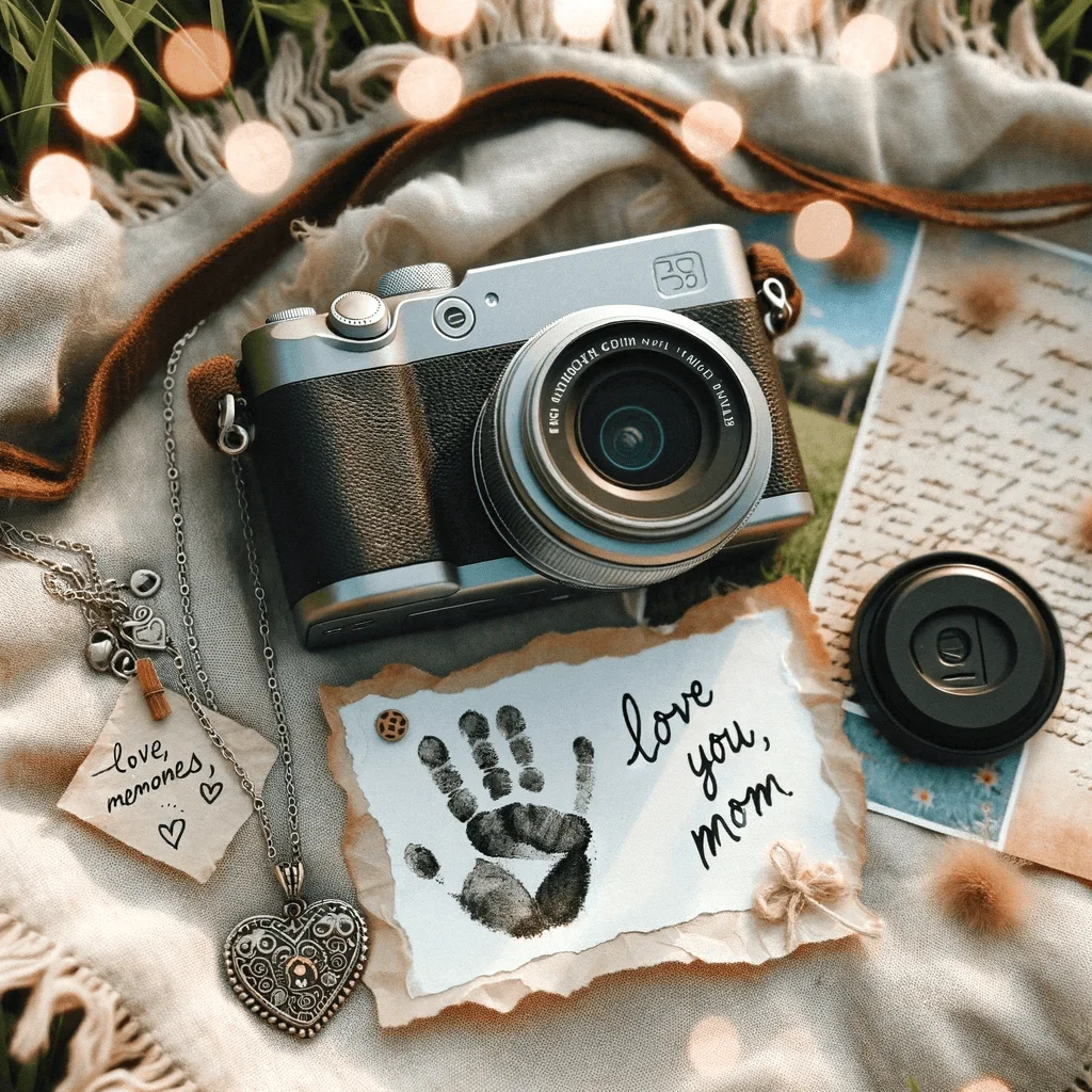 Vintage camera and sentimental keepsakes with 'love you, mom' card, ideal for capturing memories in maternity photography