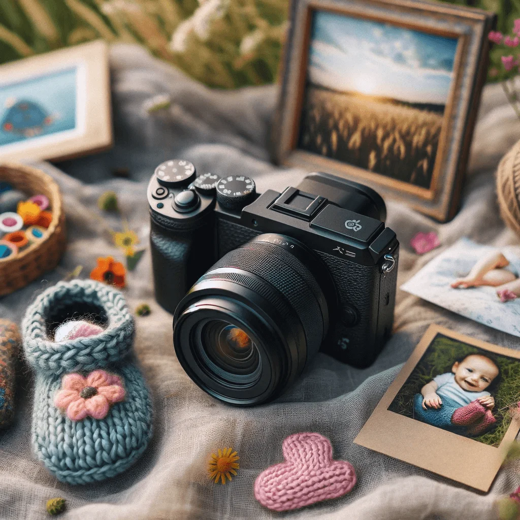 A camera with baby photos, knitted keepsakes, and sentimental items, symbolizing family photography memories.
