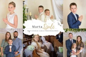 Collage of First Holy Communion Photography by Marta Szulc, featuring boys and girls in Nottingham studio and church settings.