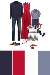 Navy and red family outfit ideas for a family photo shoot, with matching outfits for parents and children.