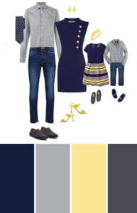 Family outfit ideas for photo shoots in navy, yellow, and gray tones, styled for both parents and children.