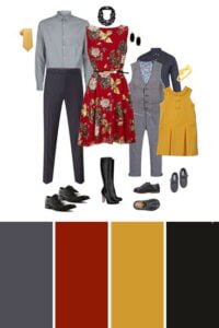 Formal family outfit ideas featuring red and mustard tones, with chic styles for all members.