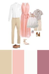 Blush and sand-colored coordinated family outfits for a photo shoot with light, airy styles.