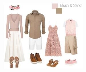 Blush and sand-colored coordinated family outfits for a photo shoot with light, airy styles.