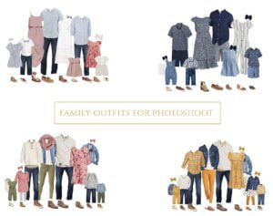 A collection of coordinated family outfits for photo shoots featuring pastel, denim, floral, and fall-inspired color palettes.
