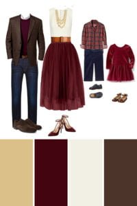 Burgundy-themed family photo shoot outfits featuring elegant styles for parents and children.