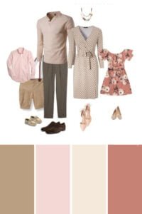 Pastel and floral outfit ideas for family photo shoots, featuring soft pink and beige tones.