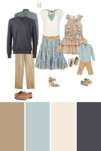 Neutral and soft blue family photo shoot outfits, styled with layered textures and subtle accessories.
