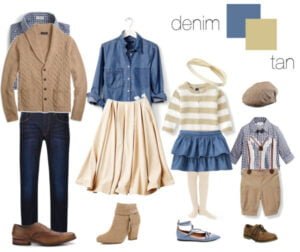 Denim and tan family outfit ideas for photo shoots, featuring cozy textures and rustic styles.