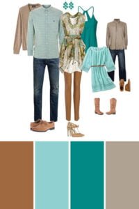 Family photo shoot outfits in earth tones and teal, styled for a fresh and natural look.
