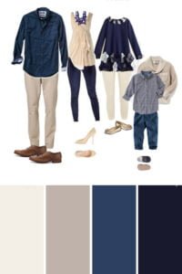 Classic navy and beige family photo shoot outfits styled with subtle accessories for parents and children