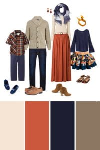 Coordinated autumn-themed family photo shoot outfits featuring warm orange, navy, and neutral tones.
