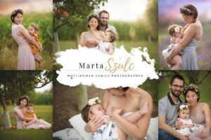 A collage of family and breastfeeding photography moments, including a mother and baby in nature, capturing special family connections.