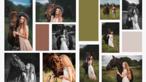 Collage of woman with horse in nature, wearing floral dress