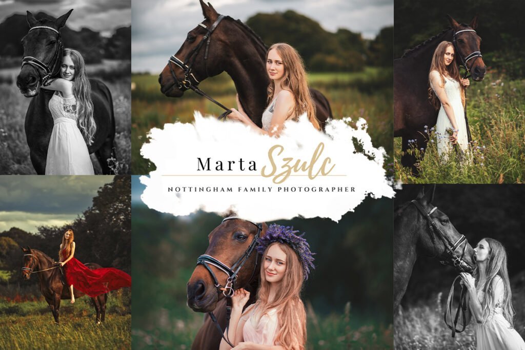 Collection of equine photoshoot images with a young woman and her horse