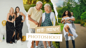 Collage of friends celebrating friendship with confetti, piggyback ride, and elderly couple enjoying Nottingham friendship photography