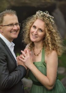 Couple posing with floral headpiece in Nottingham anniversary photography session