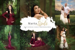 A collage of baby bump photo shoot moments featuring glowing mothers-to-be in Nottingham’s nature and studio settings.