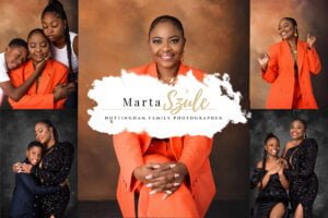 A collage showcasing vibrant and joyful moments from a birthday photoshoot with family and solo portraits in Nottingham.