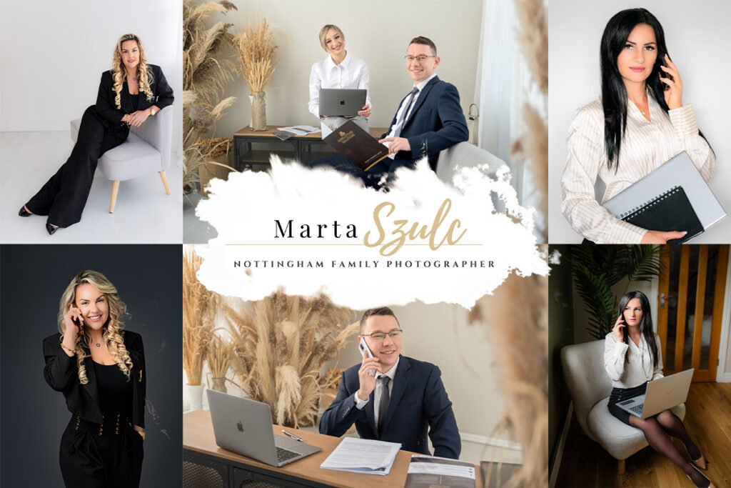 Collage of professional business photoshoots showcasing confident businesswomen and businessmen in elegant attire, taken by Marta Szulc Nottingham Family Photographer.