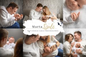 Collage of family moments captured during a newborn photoshoot at home featuring parents and their baby.