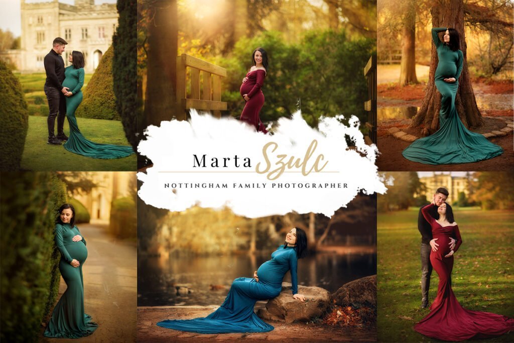 Collage of maternity photoshoots featuring a teal and burgundy gown in natural and estate settings.