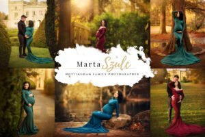 Collage of maternity photoshoots featuring a teal and burgundy gown in natural and estate settings.