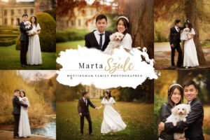 Collage of pre-wedding photoshoot highlights at Elvaston Castle, featuring a couple and their dog.