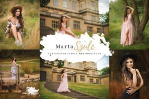 Collage of outdoor female portrait photography featuring women in stylish dresses posing in natural and historic settings.