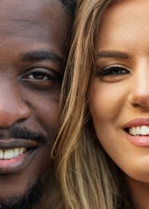 Close-up portrait of a couple smiling during their engagement photoshoot in Nottingham.