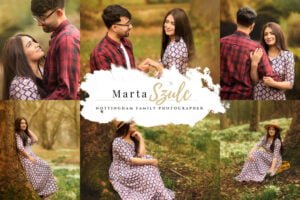 A collage of professional outdoor photoshoots for women by Marta Szulc, featuring relaxed and natural poses in woodland settings.