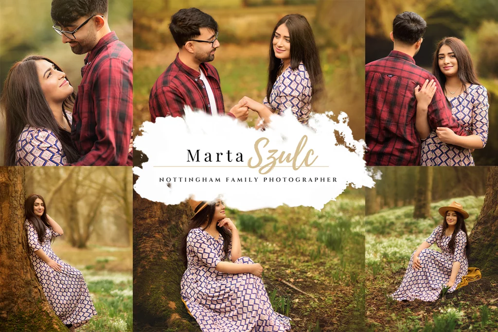 A collage of professional outdoor photoshoots for women by Marta Szulc, featuring relaxed and natural poses in woodland settings.