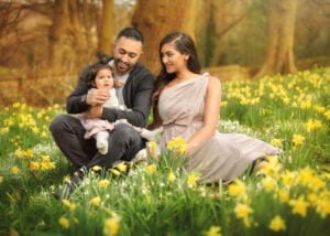 A loving family portrait taken during a Mother and Child Photoshoot in Nottingham’s daffodil fields.