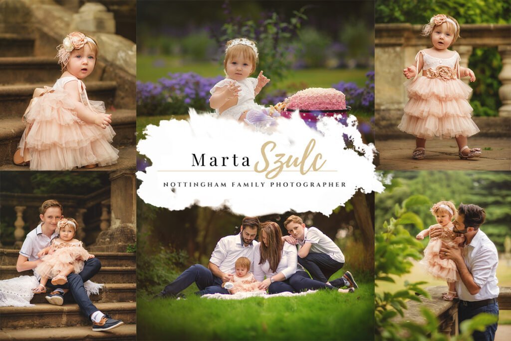 A collage of family portraits and cake smash moments during a 1st Birthday Photoshoot by Nottingham Family Photographer Marta Szulc.