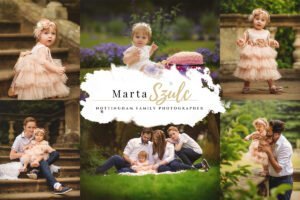 A collage of family portraits and cake smash moments during a 1st Birthday Photoshoot by Nottingham Family Photographer Marta Szulc.