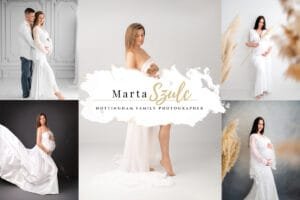 Collage of a maternity photoshoot featuring studio and outdoor portraits with an elegant expectant mother in Nottingham.