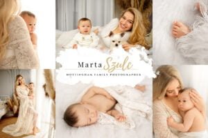 Mother and baby posing during a baby photography session in Eastwood with boho-style decor.