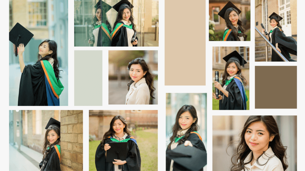 Collage of female graduate in cap and gown at Nottingham University
