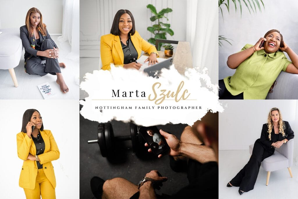 A collage of business photography session images by Marta Szulc, Nottingham Family Photographer, showcasing diverse professionals in studio and lifestyle settings.