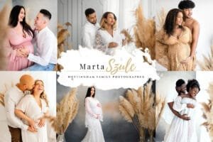 Collage of studio and outdoor maternity photoshoots in Nottingham, showcasing couples, solo mothers-to-be, and family poses with elegant styling.
