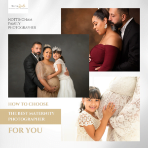 Collage of family-inspired maternity photography, featuring elegant poses and heartfelt moments in Nottingham studio.