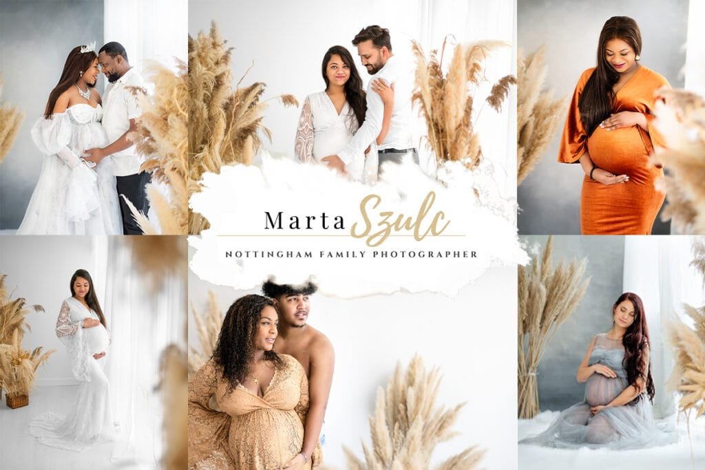 Collage of stunning maternity sessions featuring glowing moms-to-be and couples in elegant studio settings with pampas grass.