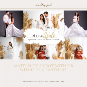 Collage featuring solo and couple maternity photoshoots with elegant outfits and pampas grass accents in Nottingham.