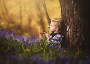 boy smelling a bluebell flower sitting in a Nottingham forest during Bluebells children's Photoshoot