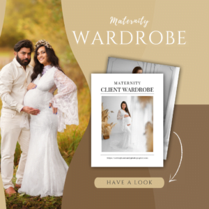 Expectant parents in harmonious attire browse a curated maternity wardrobe collection, contemplating the perfect ensemble for their maternity photoshoot.